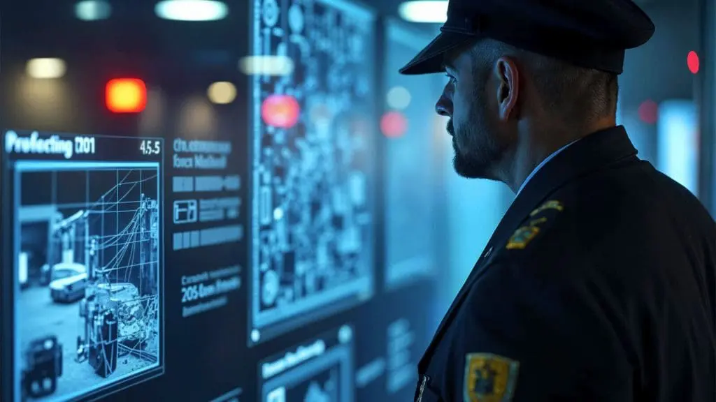 Guardia uniformado observando una pantalla con información de monitoreo.