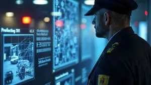 Guardia uniformado observando una pantalla con información de monitoreo.