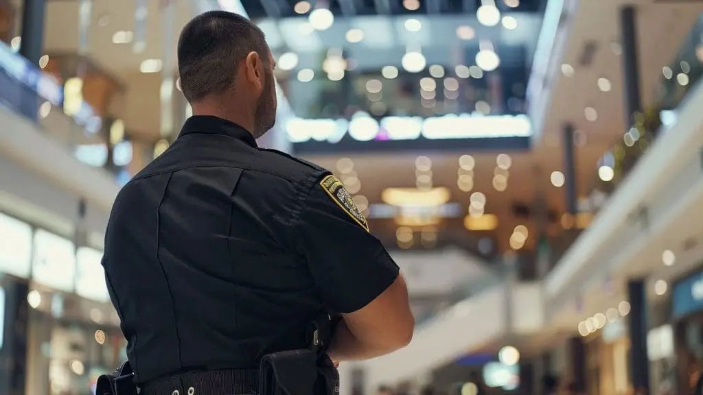 Un guardia de seguridad de pie en un centro comercial, vigilando el área con atención.