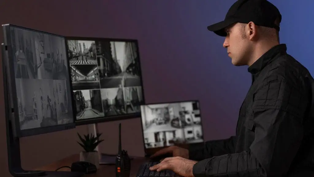 Guardia de seguridad revisando la Seguridad Perimetral frente a una laptop con dos monitores