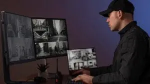 Guardia de seguridad revisando la Seguridad Perimetral frente a una laptop con dos monitores