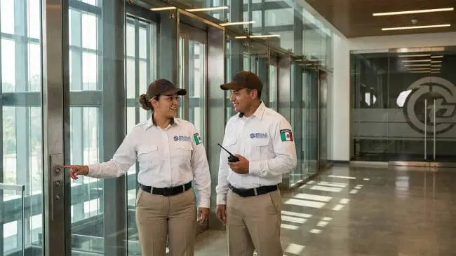 Guardia Intramuros – Servicio Dos Guardias Intramuros en un pasillo, conversando mientras llaman al elevador.