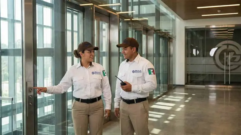 Dos Guardias Intramuros en un pasillo, conversando mientras llaman al elevador.