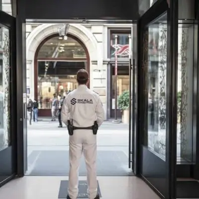 Un guardia de seguridad frente a una entrada de teatro, vigilando el acceso al recinto.